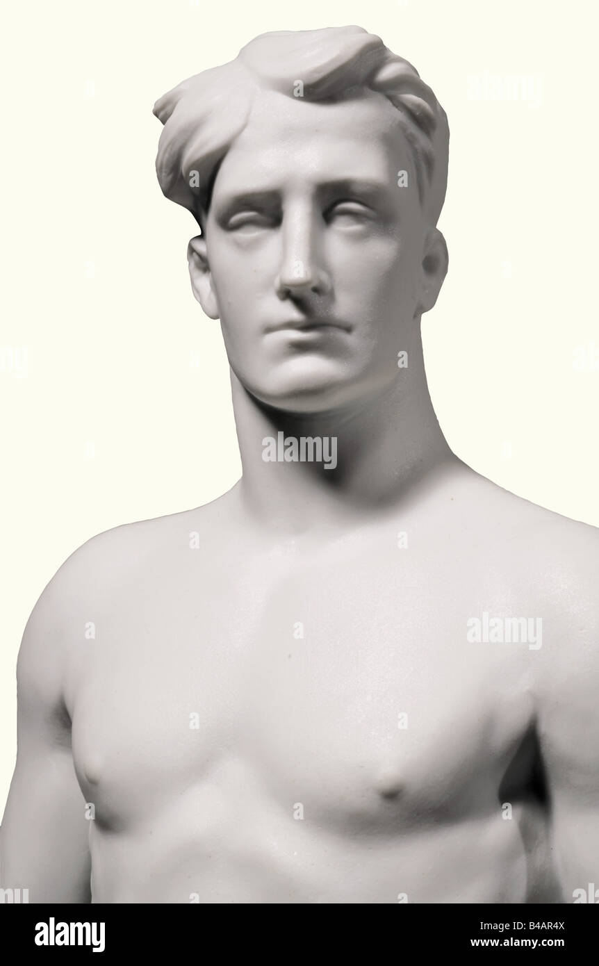 The victor, Allach Porcelain Manufacture White, unglazed porcelain figure. On the base the recessed artist's signature 'F. Nagy', 'SS Allach' in an octagon and serial number '109'. Height 37.5 cm. Expressively modelled figure, which is depicted on a full-page photograph in the magazine 'SS Leitheft', volume 7, issue 2a. Cf. Hermann Historica, 26th auction, 8th/9th May 1992, lot 5709. Extremely rare. historic, historical, people, 1930s, 1930s, 20th century, object, objects, stills, clipping, clippings, cut out, cut-out, cut-outs, man, men, male, Stock Photo