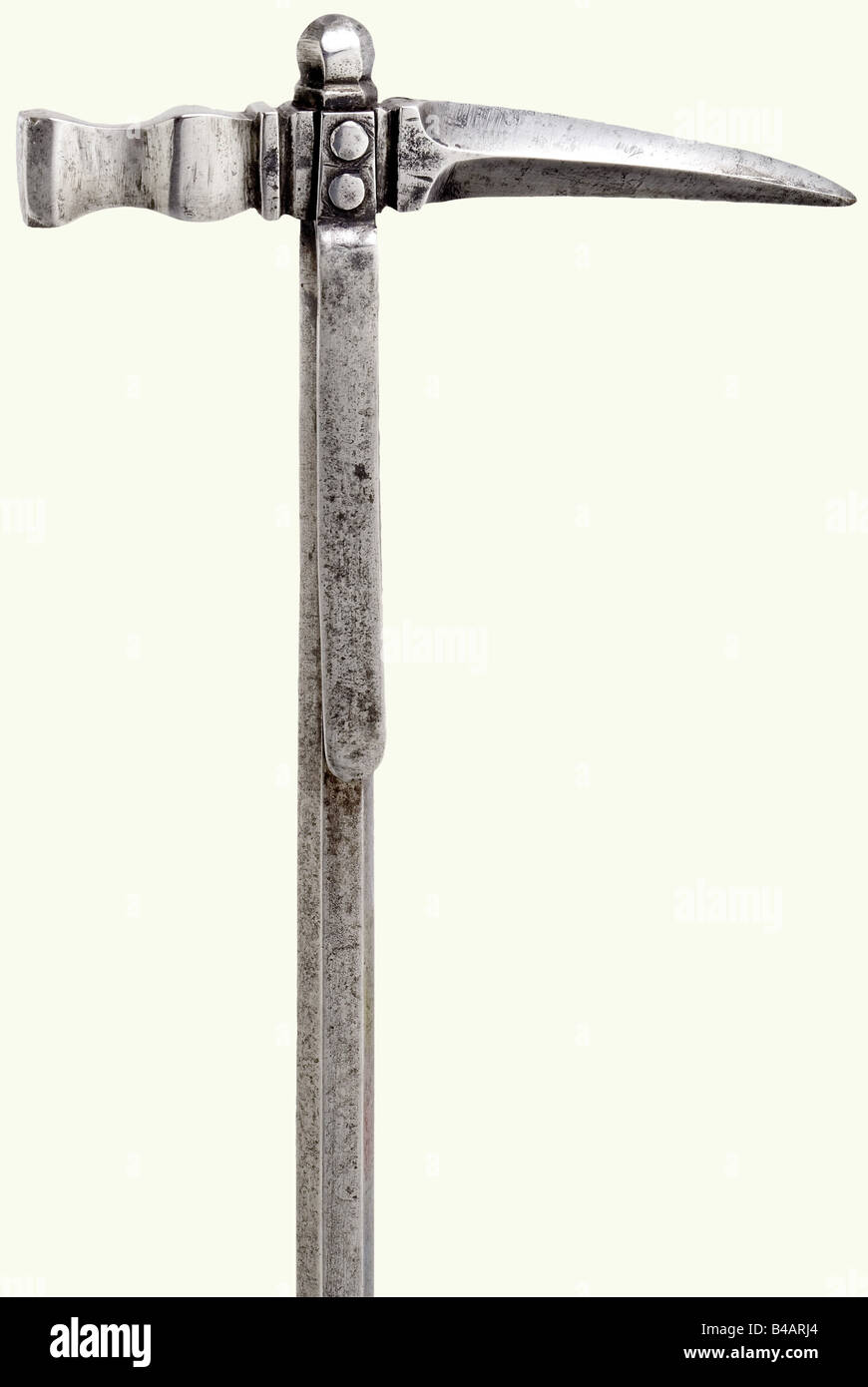 A German or Polish horseman's war hammer, circa 1600. The head has a  slightly curved quadrangular beak with a square hammer head on the back.  Hollow forged hexagonal shaft with a (replacement?)