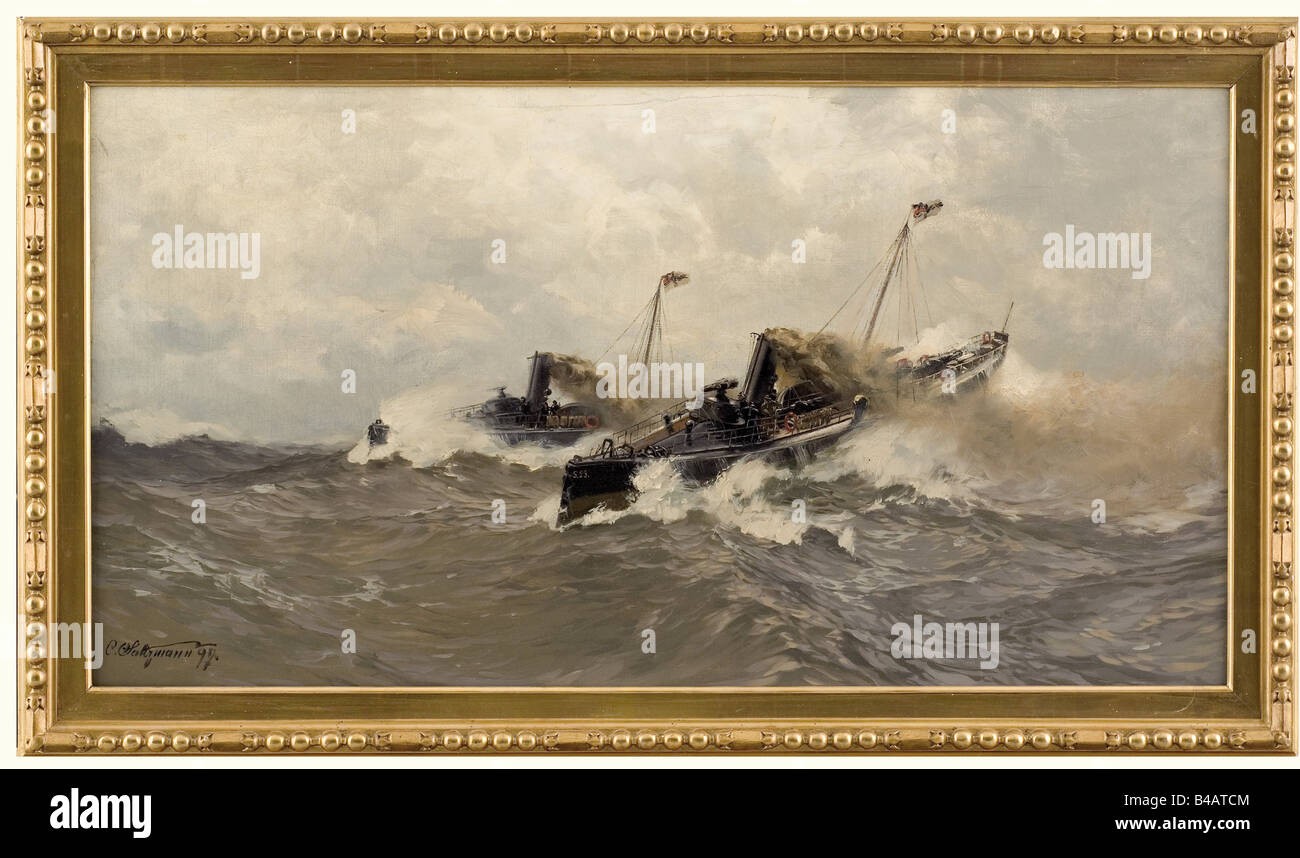 Carl Saltzmann (1847 - 1923) - 'Torpedo Boat Attack'., Seascape with two torpedo boats in heavy sea. The ships depicted are so-called T-Boats, which were taken into service in 1885. In the foreground S 23. Oil on canvas. 74 x 40 cm. Signed on the lower left 'C. Saltzmann 97'. Gold-leaf plated frame. Carl Saltzmann was one of the most renowned navy painters of his time and taught as a professor of naval painting at the Academy in Berlin. He accompanied Emperor Wilhelm on his voyage to the northern lands and made a journey around the world with Prince H, Artist's Copyright has not to be cleared Stock Photo