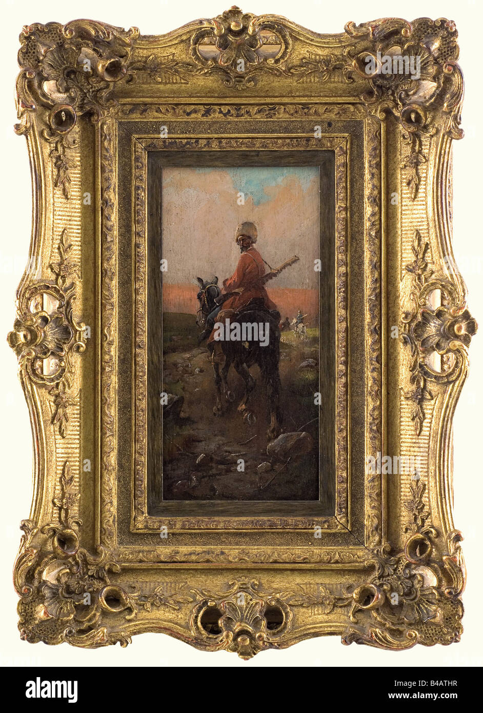 'Cossack patrol', a horseman with red coat looking over his shoulder. Oil on wood, signed illegibly on the lower left. Gilt stucco frame, size of painting: 11 x 22.5 cm. On the reverse the inscription 'Jan Konarski'. fine arts, people, 19th century, object, objects, stills, clipping, clippings, cut out, cut-out, cut-outs, painting, paintings, fine arts, art, picture, pictures, illustrations, man, men, male, Artist's Copyright has not to be cleared Stock Photo