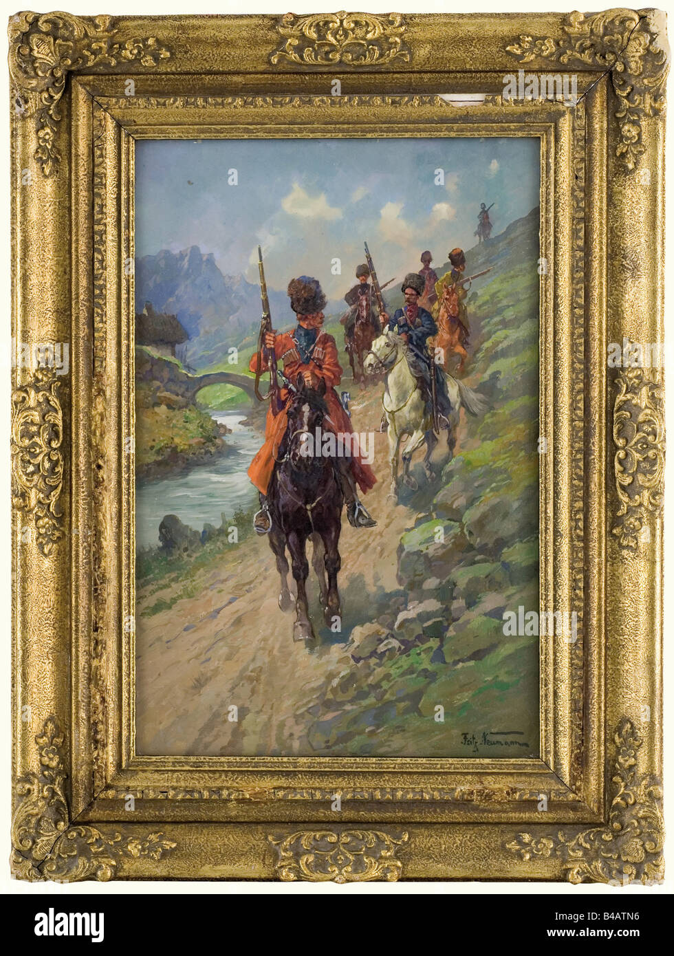Fritz Neumann (1881 - ?) - 'Cossack Patrol', a scene of a group of horsemen at a mountain stream with bridge (Caucasus). Oil on cardboard (wood?), signed on the lower right 'Fritz Neumann', size of painting: 38 x 59 cm. Slightly damaged gilt stucco frame. fine arts, people, 19th century, object, objects, stills, clipping, clippings, cut out, cut-out, cut-outs, painting, paintings, fine arts, art, picture, pictures, illustrations, Artist's Copyright has not to be cleared Stock Photo