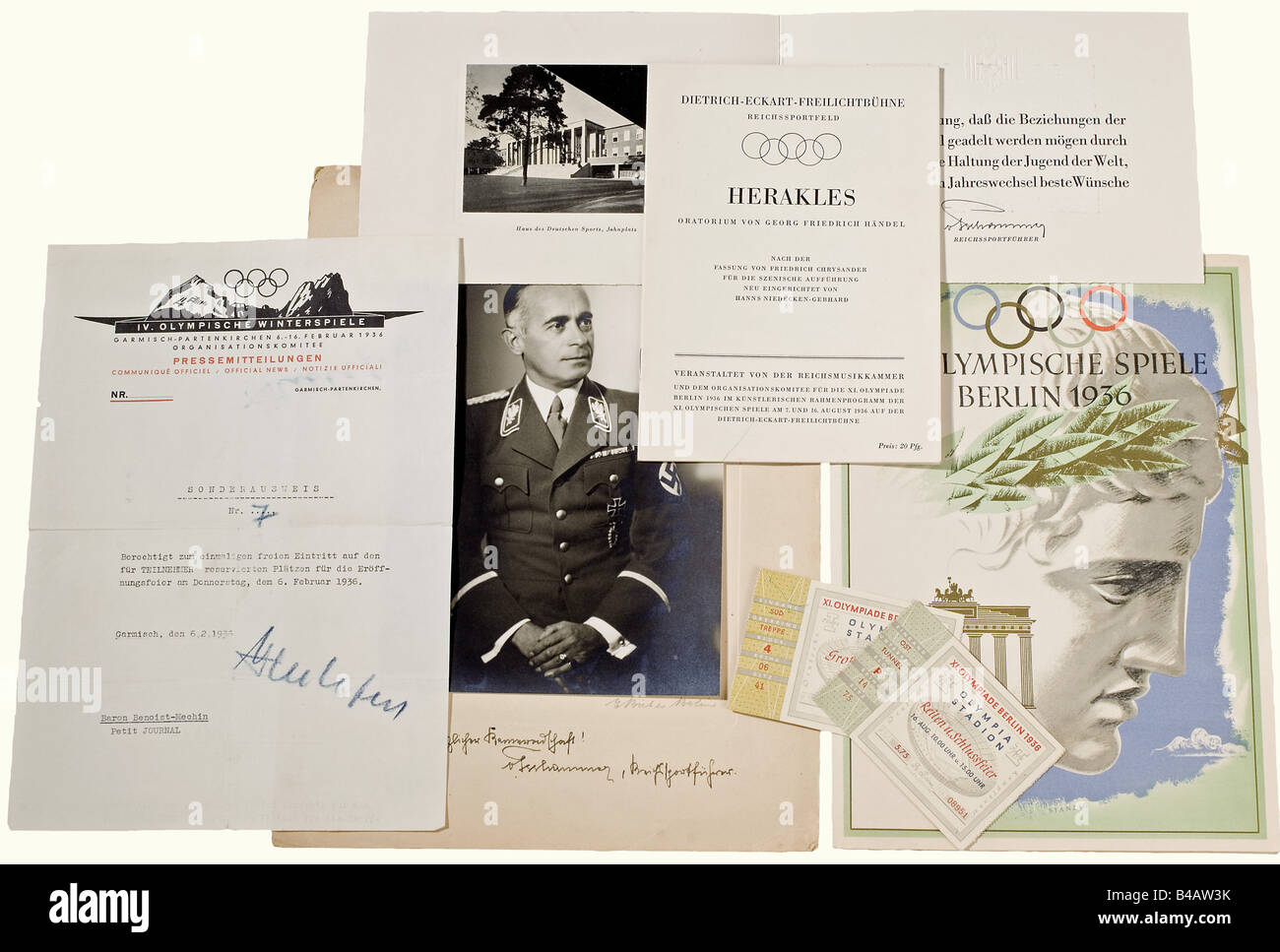 Jacques Benoist-Méchin, Olympic Games 1936., Colour telegram, special ID card for the Winter Games 1936 in Garmisch-Partenkirchen, photographs of Jacques Benoist-Méchin at the Winter Games, invitations, name card of von Tschammer and Osten, card with congratulations and dedication picture of von Tschammer and Osten, telegram from Ribbentrop, admission ticket for the Olympic Games, programme leaflet of the 'Dietrich-Eckart-Freilichtbühne', invitation for the (transl.) 'reception by the Franco-German Society on the occasion of the Olympic Games.'.' historic, hist, Stock Photo