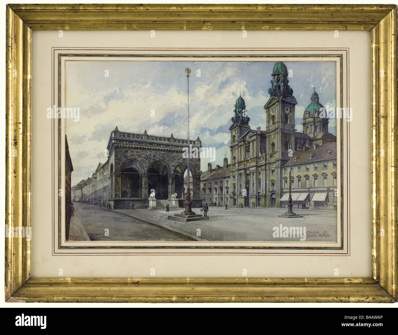 Adolf Hitler - the watercolour 'Feldherrnhalle und Theatiner Hofkirche'., Extremely well executed painting on structured watercolour paper. Every little detail of the architecture is captured, on the left the royal residence with armed guard. On the lower right titled and dated 'München 1913 - Feldherrnhalle u. Theatiner Hofkirche', signed on the lower left 'A. Hitler'. With mount. Size of the painting: 27.5 x 41.5 cm. Old gilt stucco frame. Very rare Munich motif. There are two further watercolour paintings known of this motif: one used to be in the , Artist's Copyright has not to be cleared Stock Photo