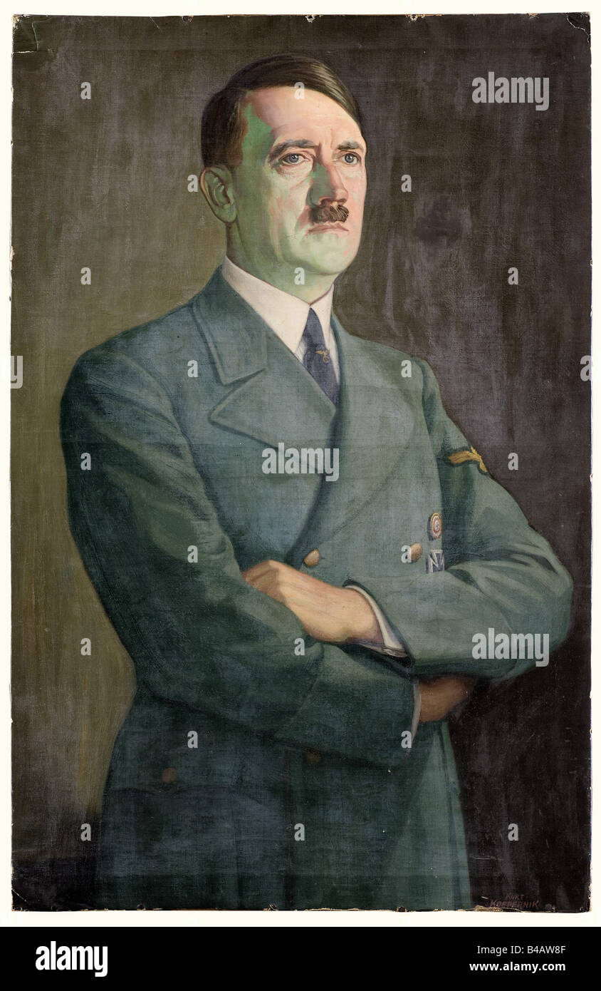 Kurt Koepernik - a portrait of Adolf Hitler., Oil on canvas, signed on the lower right 'Kurt Koepernik'. Head to waist portrait in fieldgrey uniform, probably sketch for a propaganda postcard of the Heinrich Hoffmann publishing company. Without frame, 92 x 60 cm. Small damages and repairs. Kurt Koepernik painted various portraits of Hitler for Heinrich Hoffmann (Hoffmann 422 and 424). For this portrayal of Hitler, however, Hoffmann used a portrait by Erich Cleff the Younger. From the possession of a French officer of the 2ème Division Blindée, RMT (Régiment de , Stock Photo