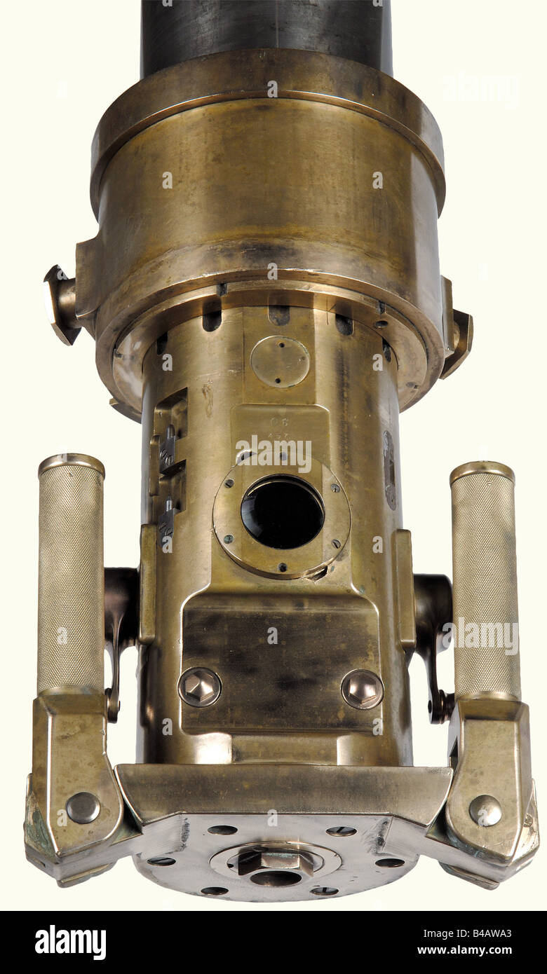 A periscope for a French submarine, model F, No. 457 Steel and bronze. Length 7.77 meters. Diameter 160 mm. Weight 350 kg. The autofocus optics are in perfect condition. Angle of traverse between -10ø and +30ø. 1.5 and 6 x magnification. The lever for the 6x magnification needs repair. Engraved manufacturer's plate, 'Ateliers J. Carpentier Paris - Periscope Type F No. 457 - Longeur 7,50 - Grossissement 1,5 et 6 - Champ = 8ø et 32ø - Pointage en site -10ø to +30ø. - Valeur d'une graduation de l'echelle 2/20 deø a Gr = 6'. (Length 7.50. magnifications 1.5 and 6. , Stock Photo