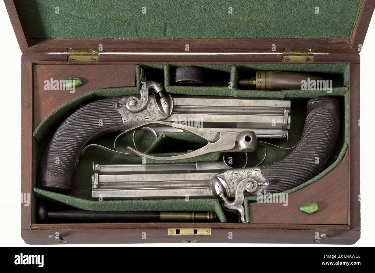 A cased pair of over-and-under double percussion pistols, Whitehead in ...