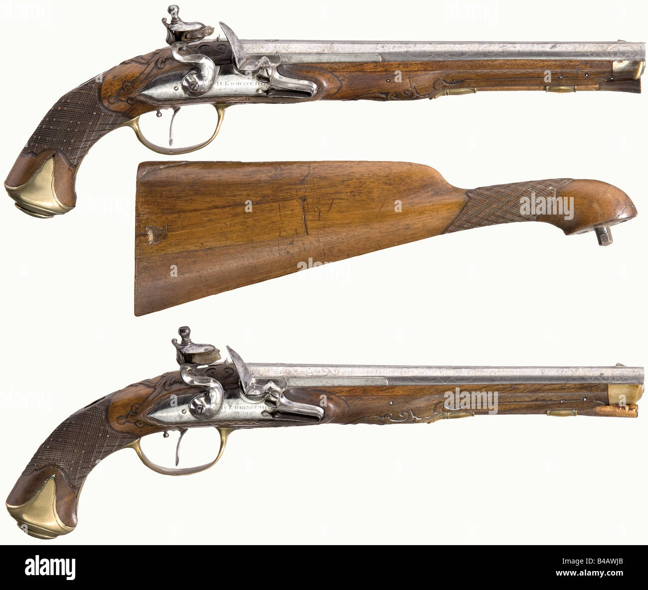 A pair of flintlock pistols with detachable shoulder stock, Johann Christoph Kuchenreuter, Steinweg near Regensburg, circa 1780. Round barrels with raised sighting flats and smooth bores in 13 mm calibre. The tops of the barrels are richly decorated with silver inlaid scrolls. The signature 'I. Christoph Kuchenreuter', and the silver-filled mark of a horseman and 'ICK' on the breeches. Double-folding rear sights. Cambered lockplates with signatures. Double set triggers. Lightly carved walnut full stocks with smooth brass furniture. Checkered grips with iron sto, Stock Photo