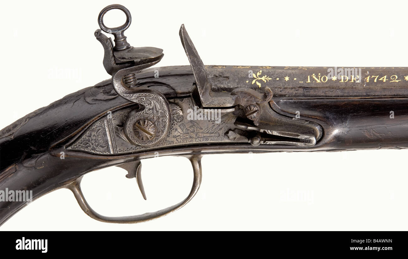 A flintlock pistol, Juan Santos, Madrid, dated 1742. Octagonal barrel ...