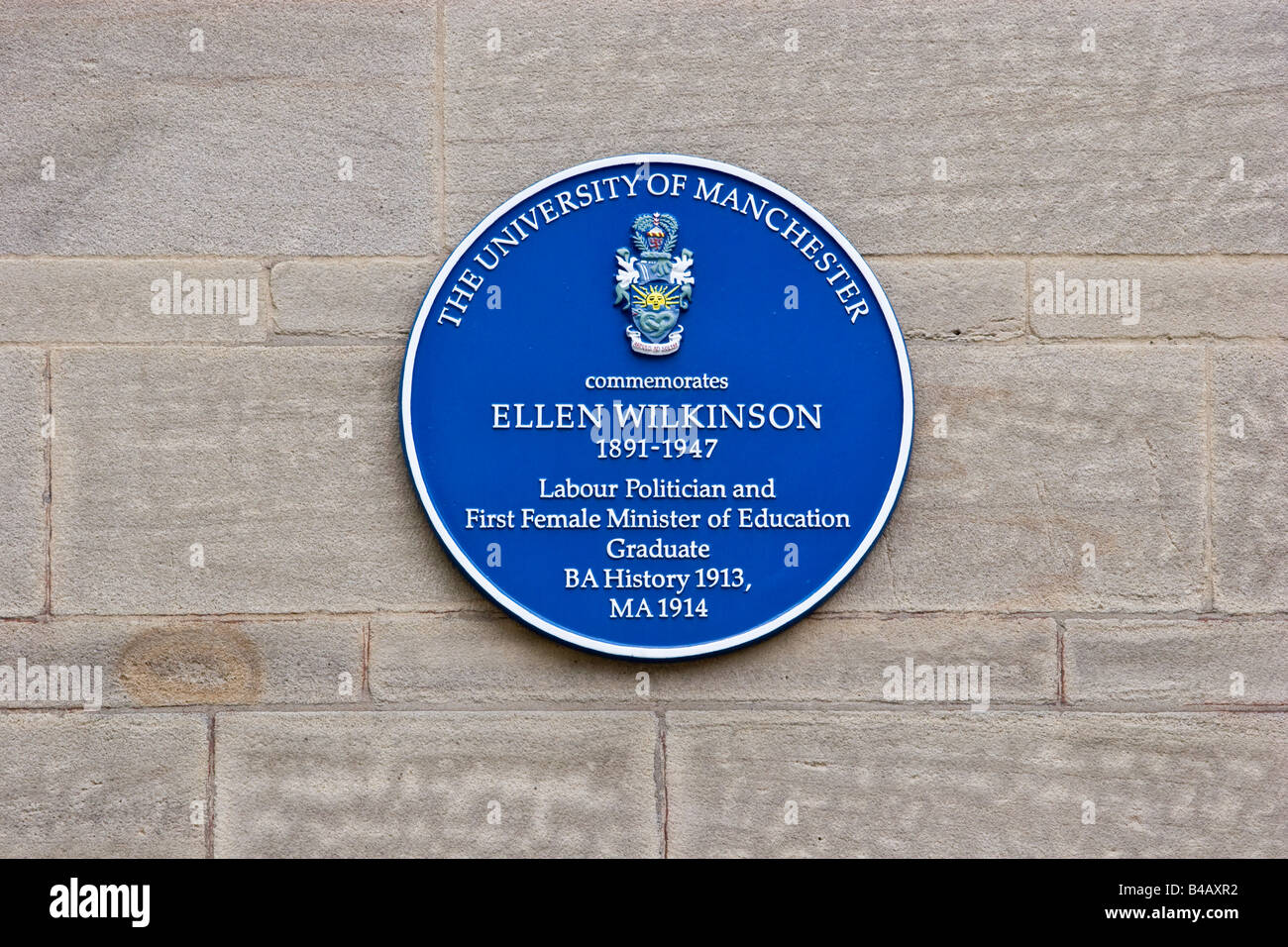 Blue plaque in Old Quadrangle of The University of Manchester, UK,   commemmorating Ellen Wilkinson (1891-1947) Stock Photo