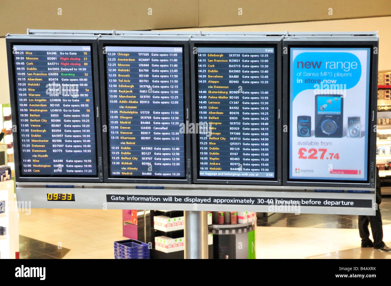 Departure board at Heathrow Terminal 1, London, UK Stock Photo