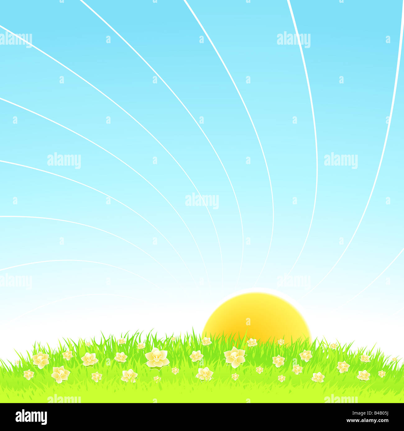 Vector illustration of an idyllic sunny nature background with a blue gradient stripes sky Stock Photo