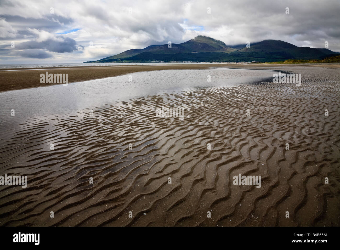 Sand ripples on a deserted Murlough Beach with view towards Newcastle and the Mourne Mountains, County Down, Northern Ireland Stock Photo