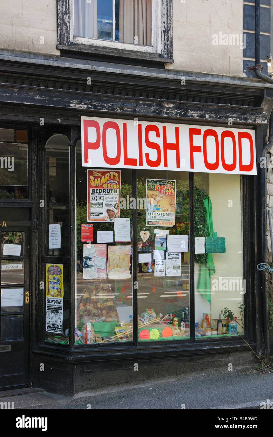 a corner shop advertising polish food for sale,in redruth,cornwall,uk Stock Photo