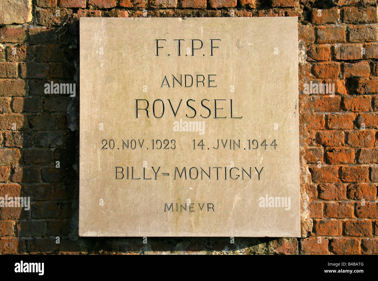A memorial plaque to commemorate one of over 200 resistance fighters executed in the Citadel, Arras, France during World War Two Stock Photo