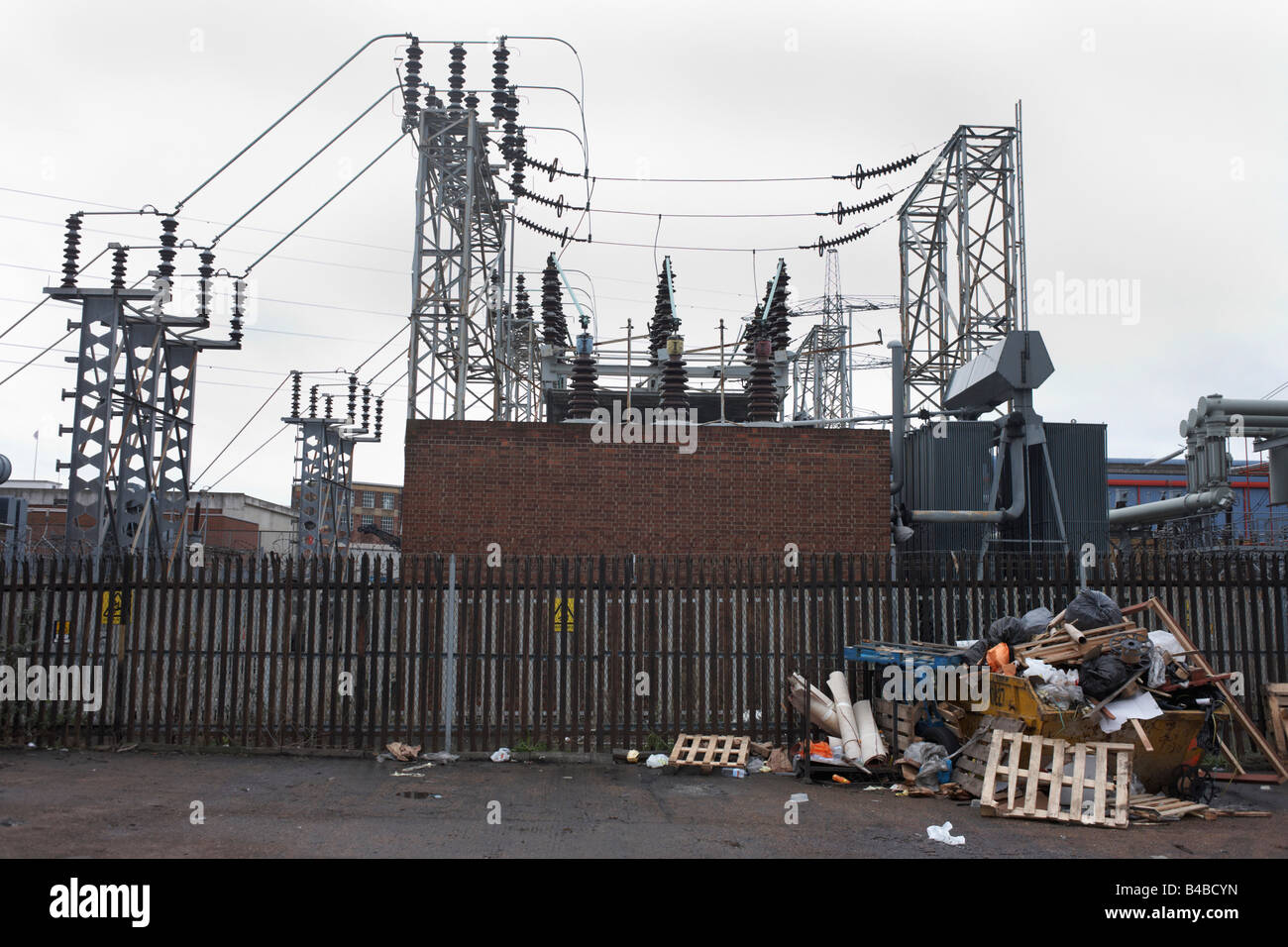Dated technology of the desolate electricity substation at South Bromley is seen from the Pylon Industrial Estate Stock Photo