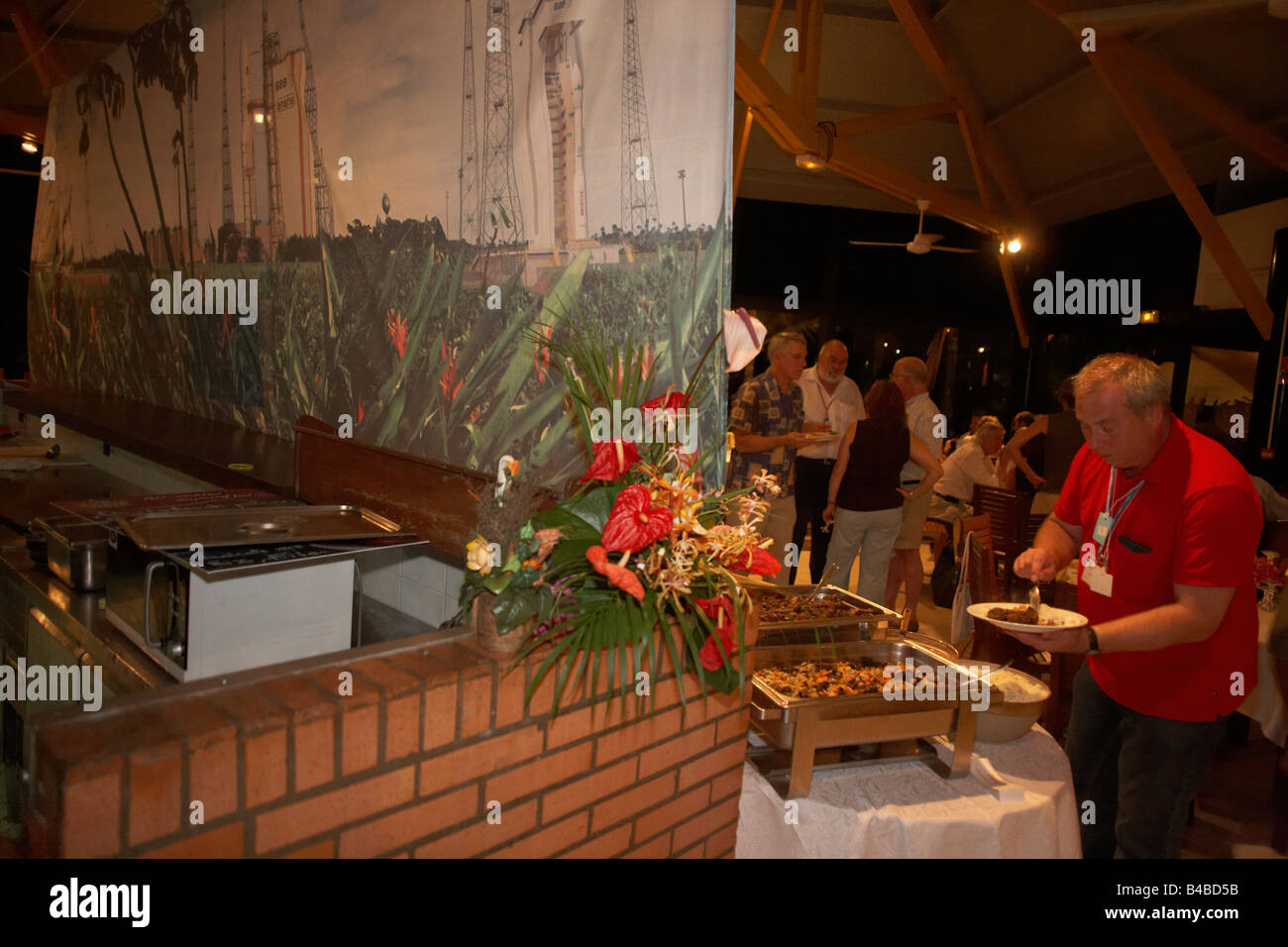 Arianespace buffet at post launch party for European Space Agency, Hughes network Systems and Lockheed Martin clients at Kourou Stock Photo