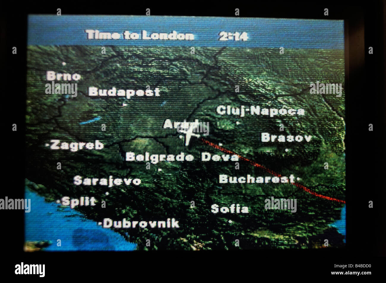 iXPLOR moving map technology gives the air traveller real-time geographical positions on an economy class airline seat Stock Photo