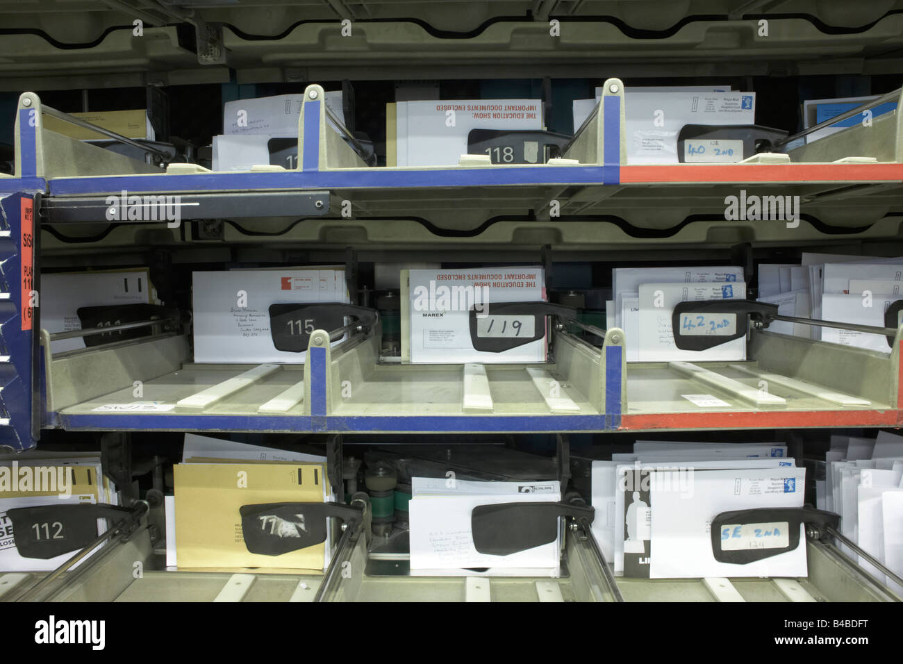 Letters sorted by the Royal Mail operated Siemens’ Integrated Mail Processor operated at Nine Elms sorting office Stock Photo