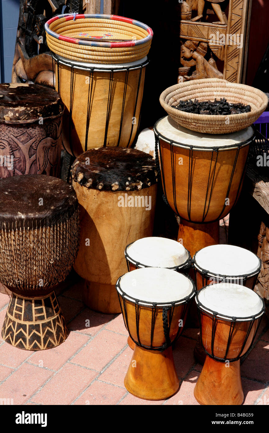 A selection of hand crafted drums at a flea market Stock Photo