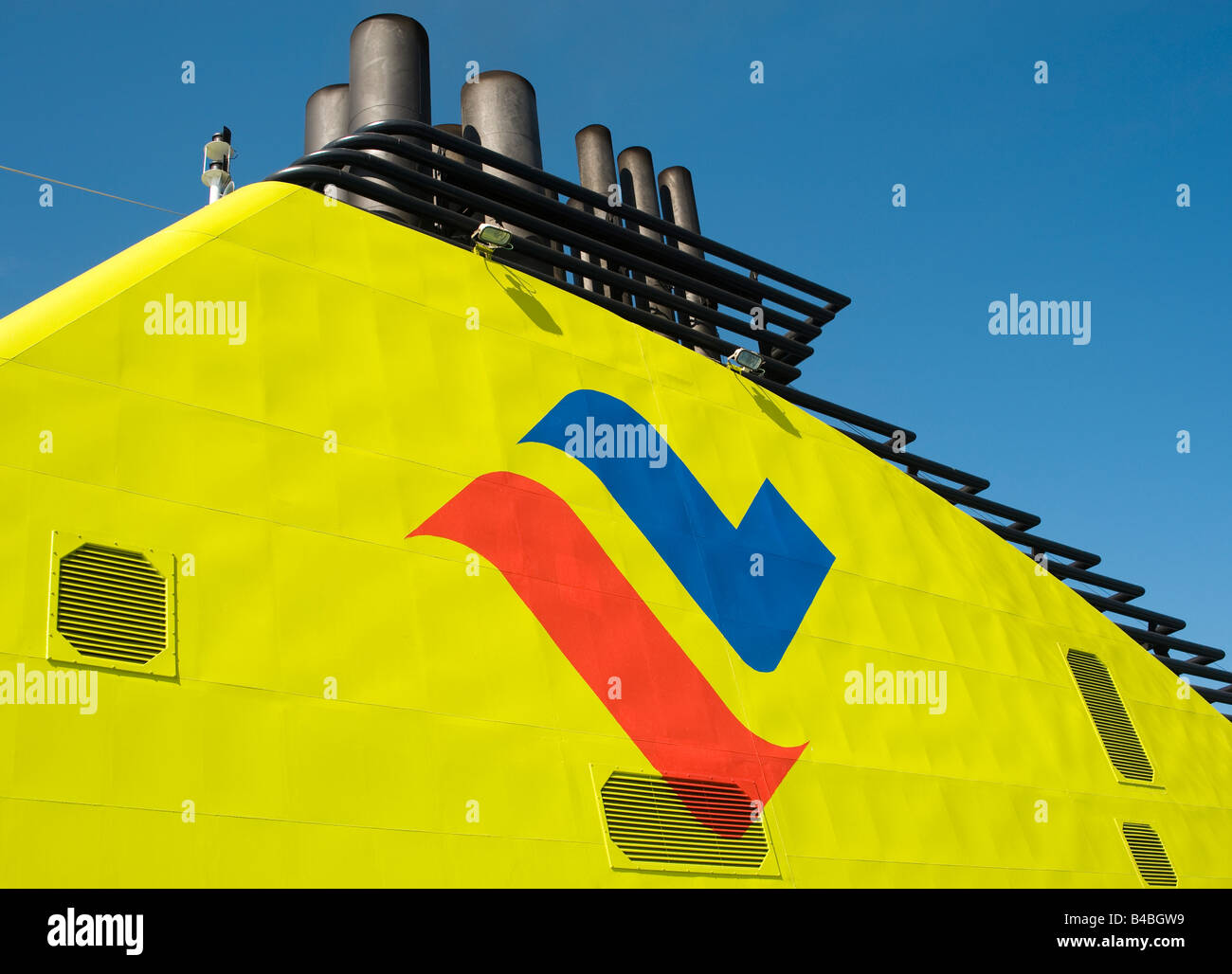Detail of funnel, on the fast ropax ferry, MS Pascal Lota, formerly MS Superstar (2008), sailing between Helsinki, Finland, and Tallinn, Estonia Stock Photo
