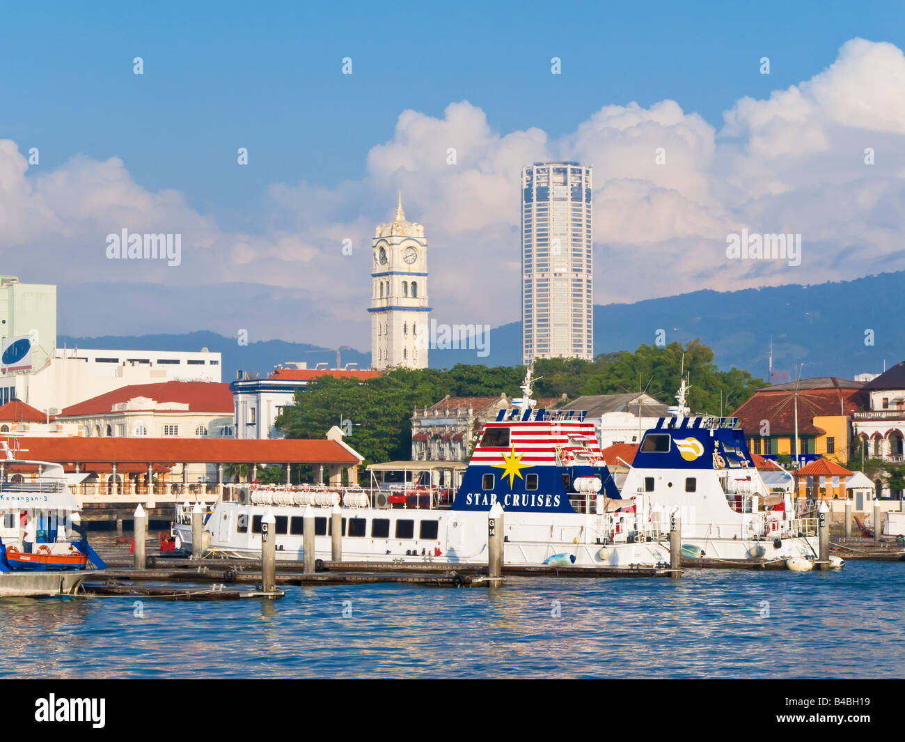 Asia, Malaysia, Penang, Pulau Pinang, Georgetown, City skyline and Victoria Memorial Clock Tower Stock Photo