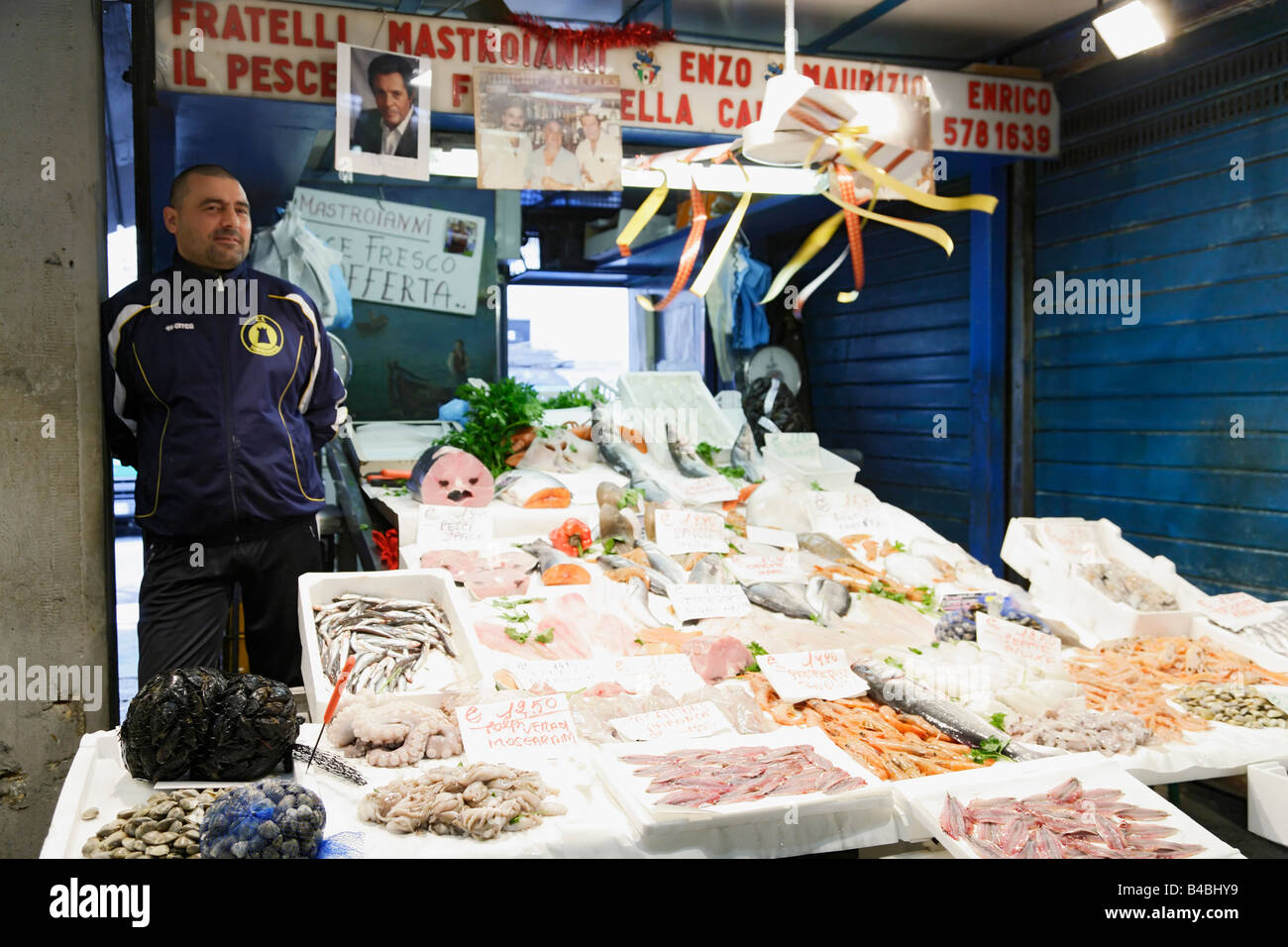 Fish stall in market hall Testaccio Owner is Enzo Mastroianni Family Rome Italy Stock Photo