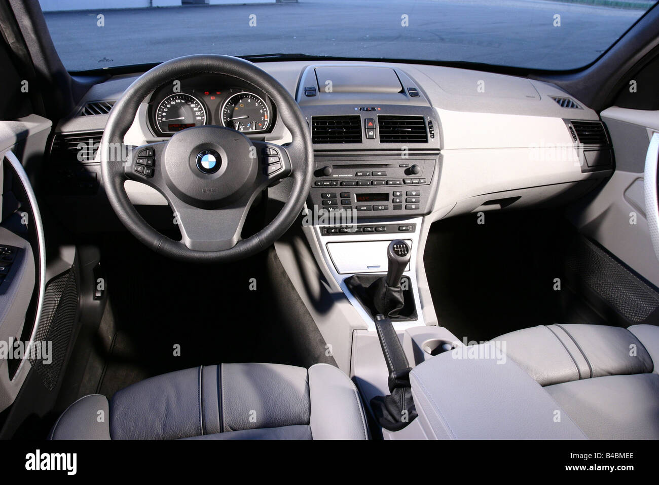 Car, BMW X3 3.0i, cross country vehicle, model year 2003-, dark blue, FGHDS, interior view, Interior view, Cockpit, technique/ac Stock Photo