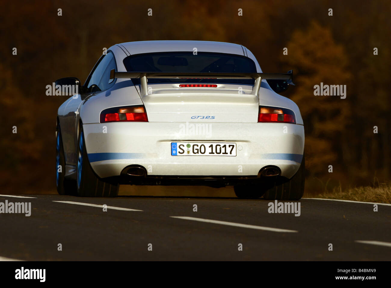 Car Porsche Gt3 Rs Roadster Model Year 03 Coupe Coupe White Fghds Diagonal From The Back Rear View Country Road Stock Photo Alamy