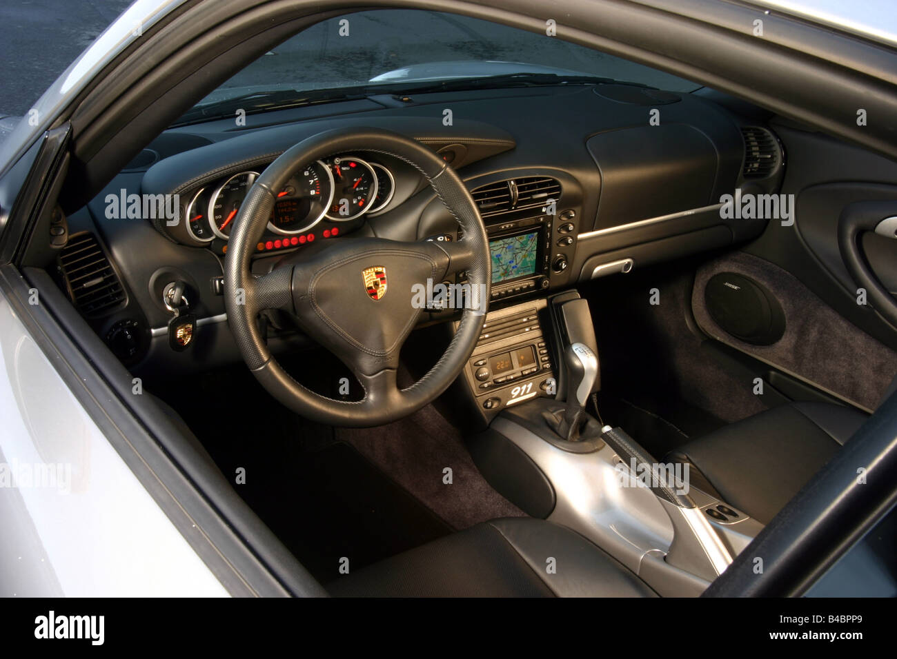 Car, Porsche 911, 40 years, model year 2003-, silver/anthracite, roadster, coupe/Coupe, FGHDS, interior view, Interior view, Coc Stock Photo