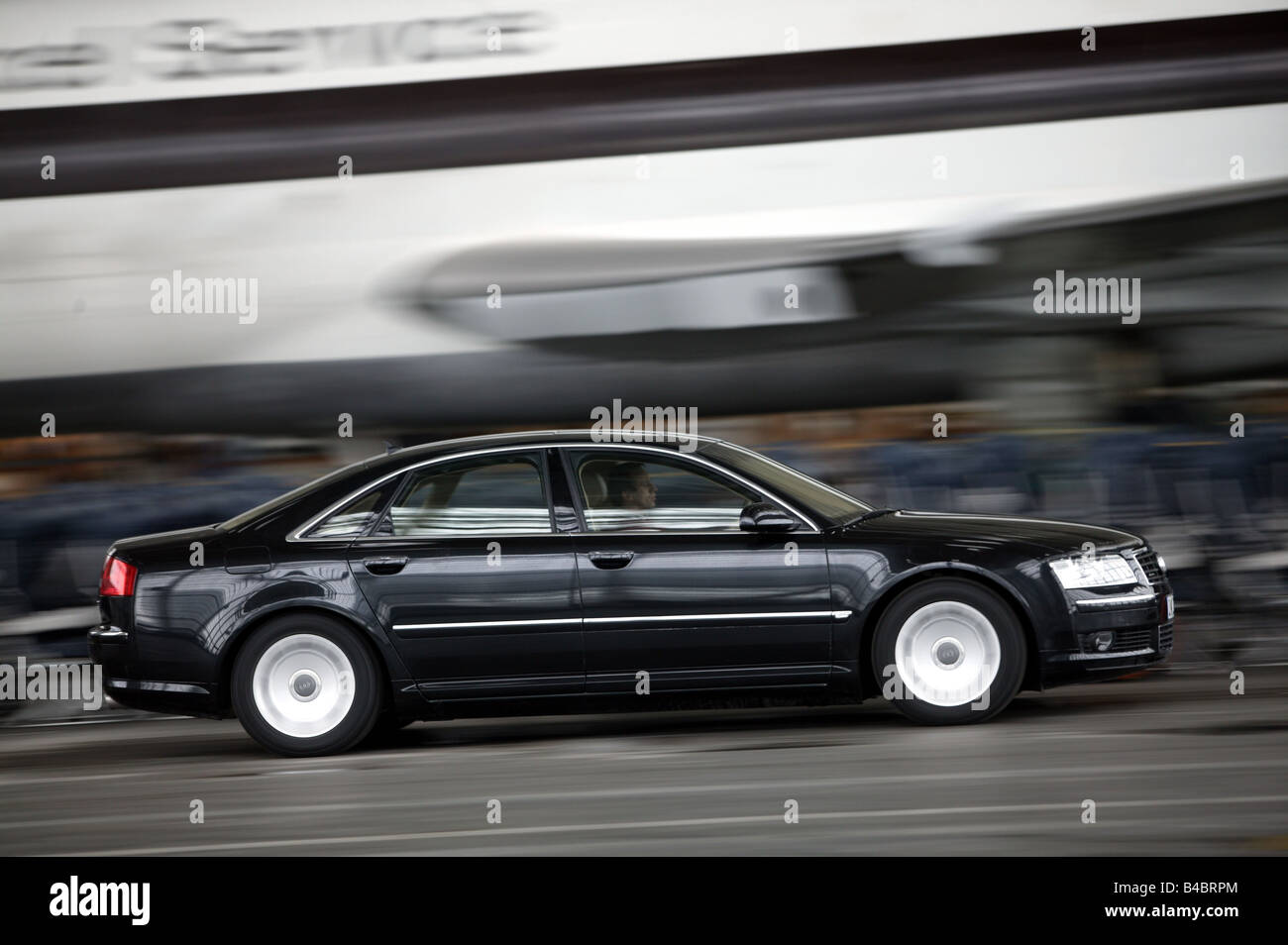 Car, Audi A8 4.2 Quattro, Limousine, Luxury approx.s, model year 2002-, black, V8, driving, side view, photographer: Achim Hartm Stock Photo