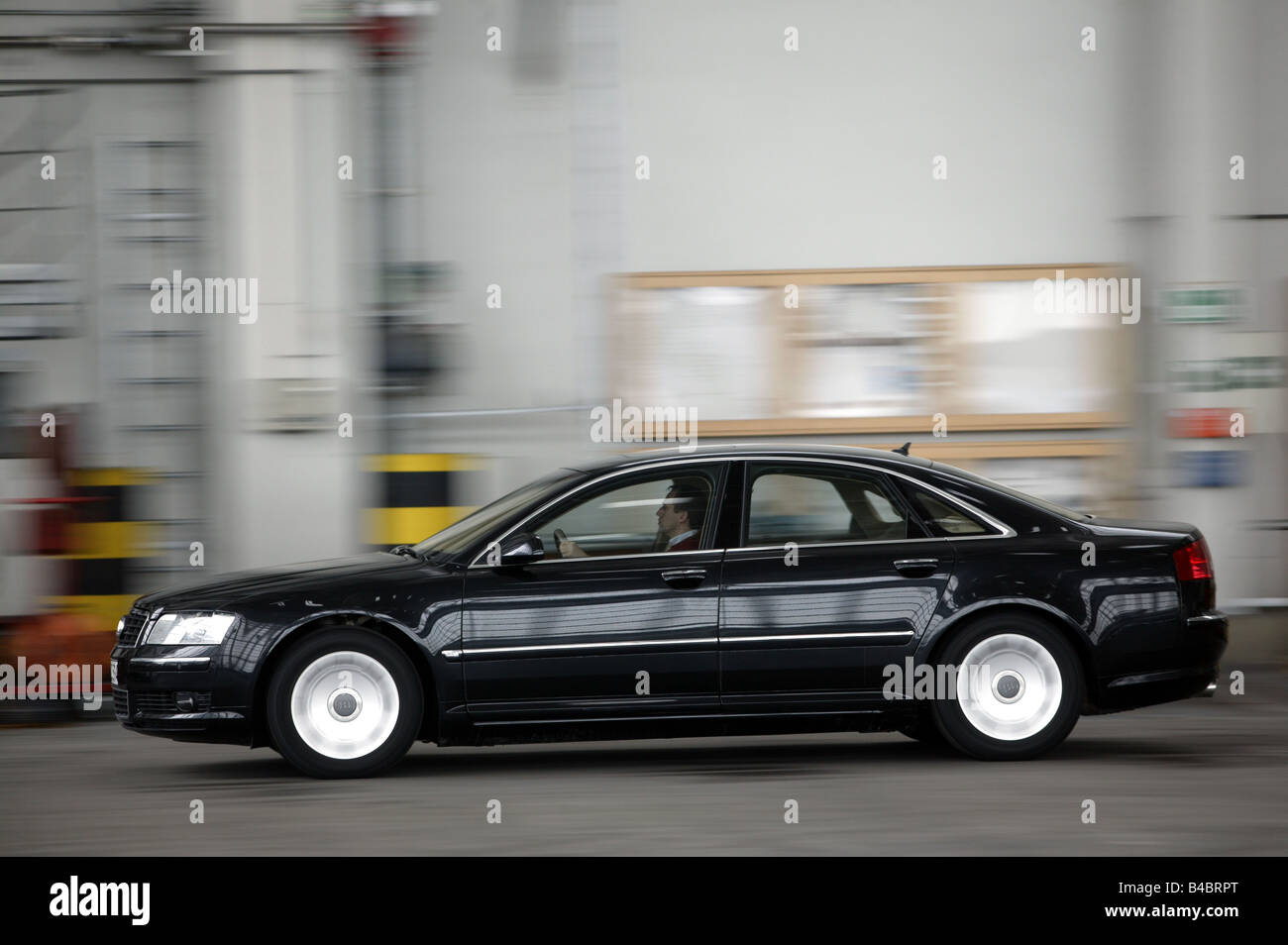 Car, Audi A8 4.2 Quattro, Limousine, Luxury approx.s, model year 2002-, V8, black, driving, side view, photographer: Achim Hartm Stock Photo