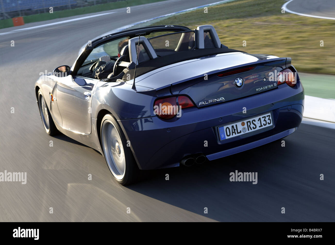 Car, BMW Alpina Roadster S 3.4 / Alpina Z4 3.4S, Convertible, open top, driving, diagonal from the back, rear view, test track, Stock Photo