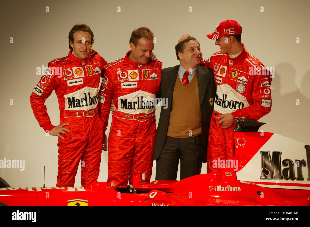 engine sport, Ferrari Team 2004, Rubens Barrichello, Michael Schumacher, Jean Todt, Ferrari presentation, Persons, Race driver, Stock Photo