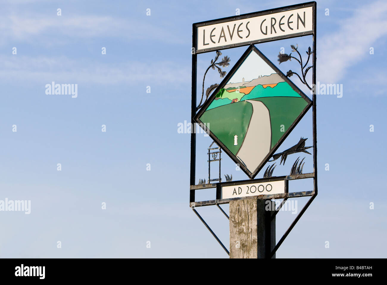 Village sign, Leaves Green near Biggin Hill Kent UK. South side of sign