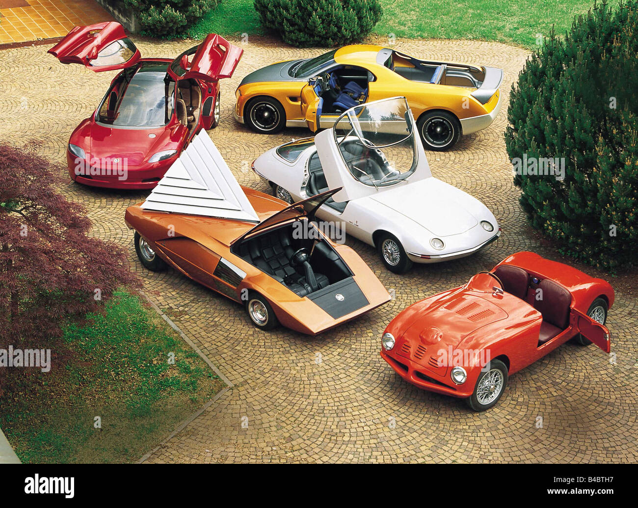 Car, 90 Jahre Bertone, Studys, view from above, Barchetta model year 1947, Stratos Zero model year 1970, Karisma model year 1994 Stock Photo