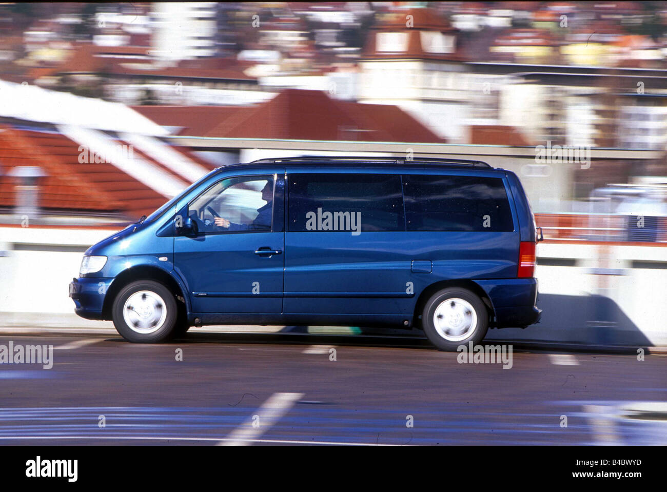 Car, Mercedes V 220 CDI, Van, blue, model year 1999-, driving, side view, Car park Stock Photo