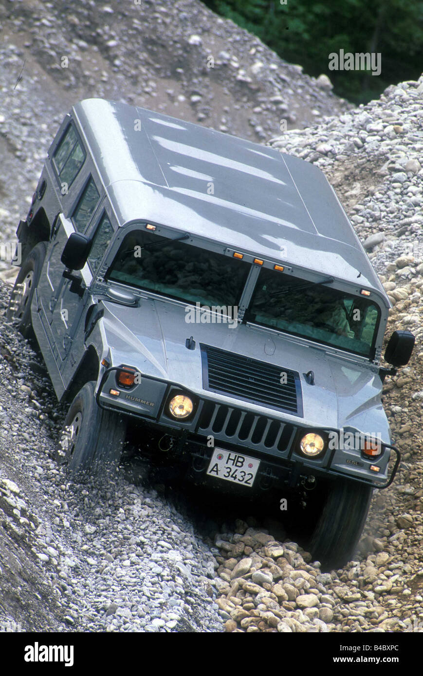 Car, Chevrolet Hummer 6.5L Impression, cross country vehicle, model year 1998-, gray, diagonal from the front, driving, offroad, Stock Photo