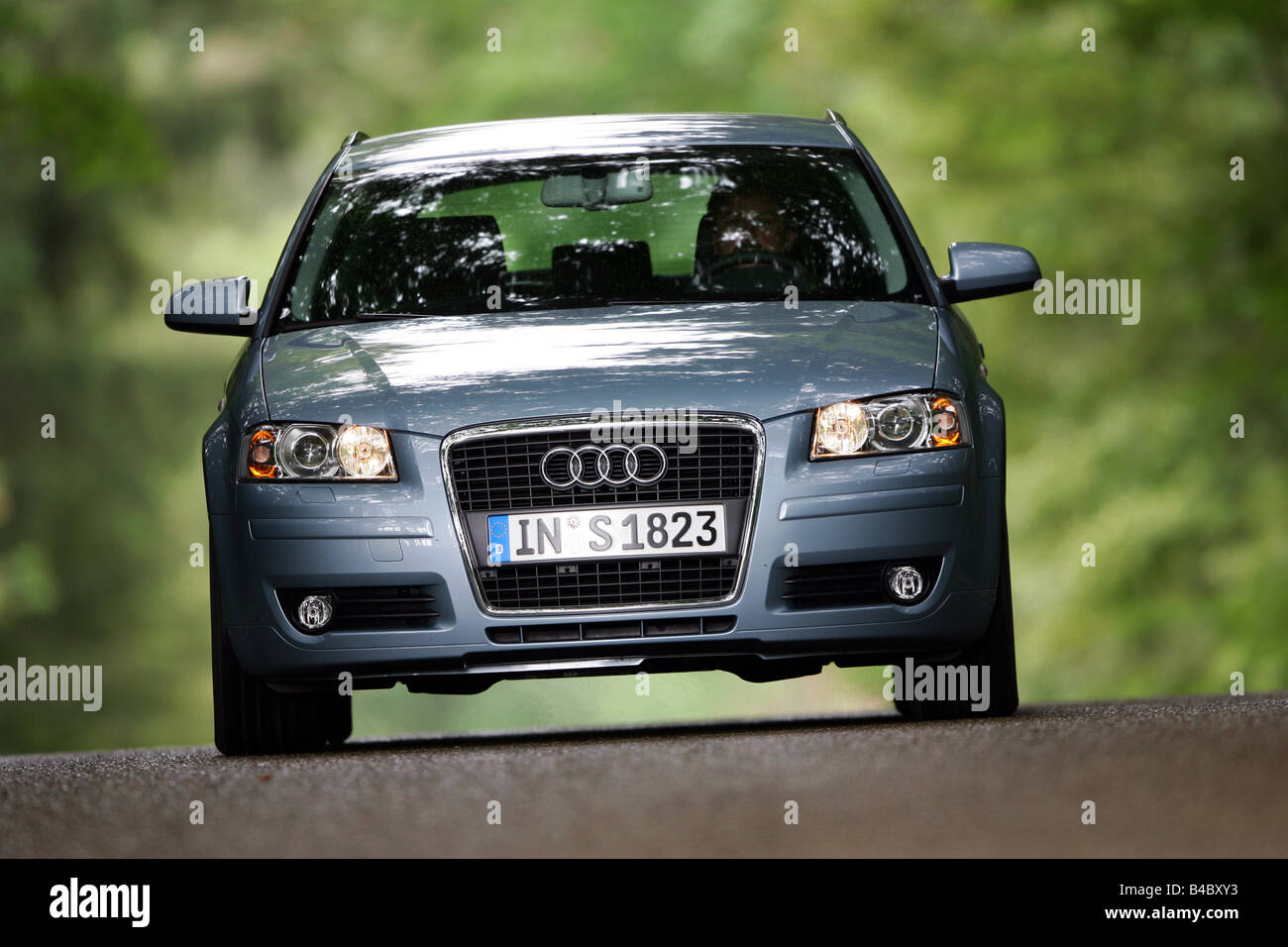 Car, Audi A3 Sportback TFSI, model year 2004-, hatchback, Lower middle-sized class, silver-blue moving, diagonal from the fr Stock Photo Alamy