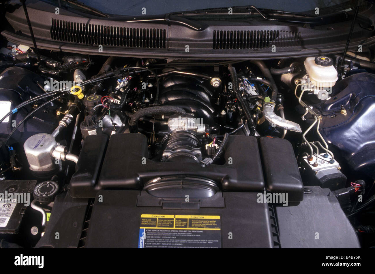 Car, Chevrolet Camaro Z 28 Impression, coupe, roadster, model year 1998-, blue, view in engine compartment, engine, technique/ac Stock Photo