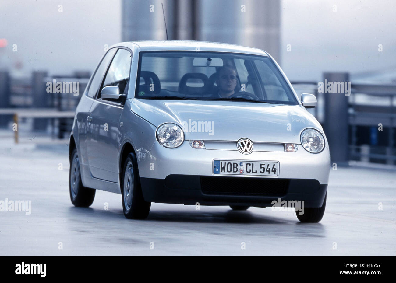 Car, VW Volkswagen Lupo, 3-liter approx., model year 2004, silver, Minicars, driving, diagonal from the front, frontal view, pho Stock Photo