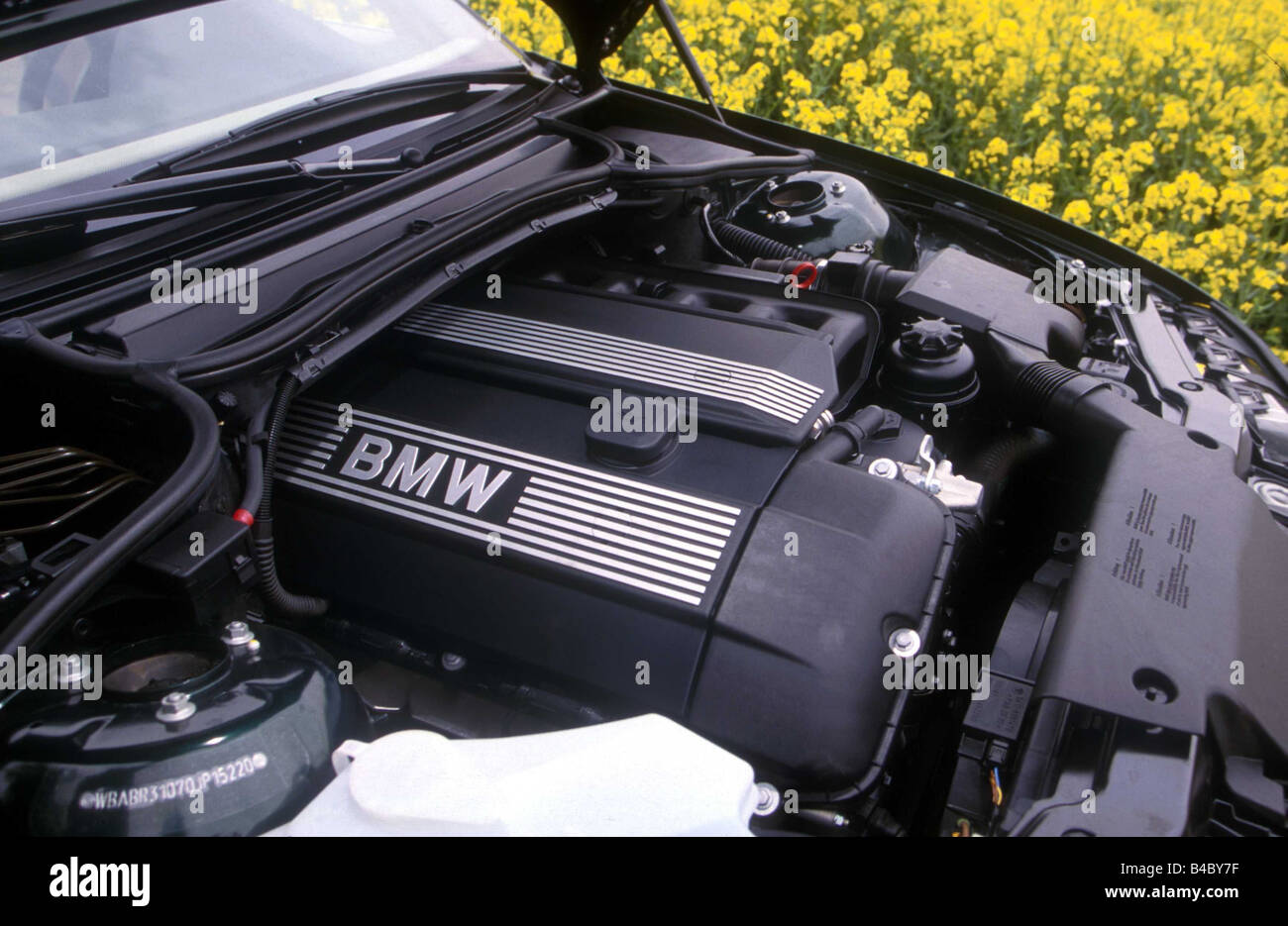 Car, BMW 323i, Convertible, model year 2000-, black, view in engine  compartment, engine, technique/accessory, accessories Stock Photo - Alamy