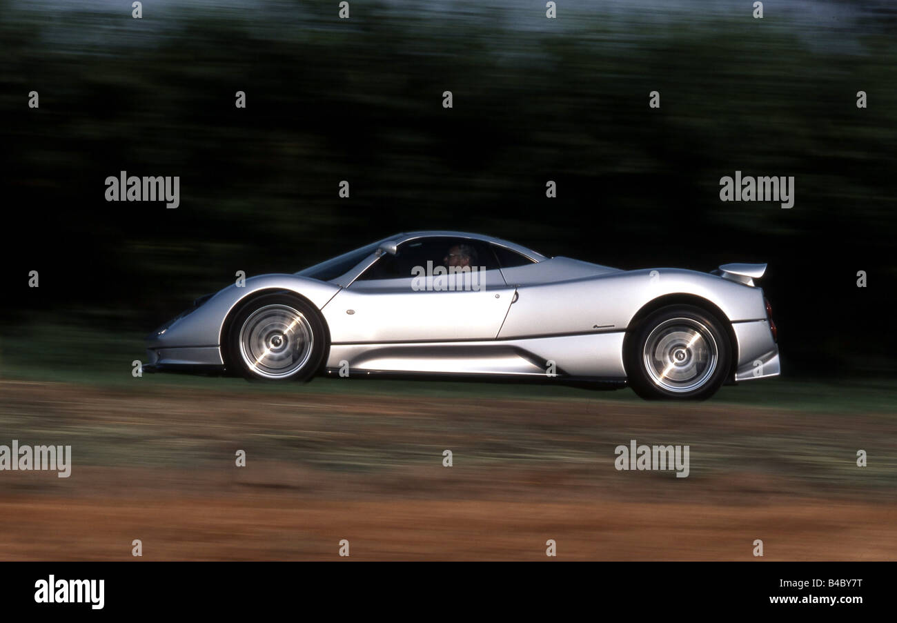 Car, Pagani Zonda, Exoticics, coupe/Coupe, model year 1999-, silver, driving, country road, side view, photographer: Achim Hartm Stock Photo