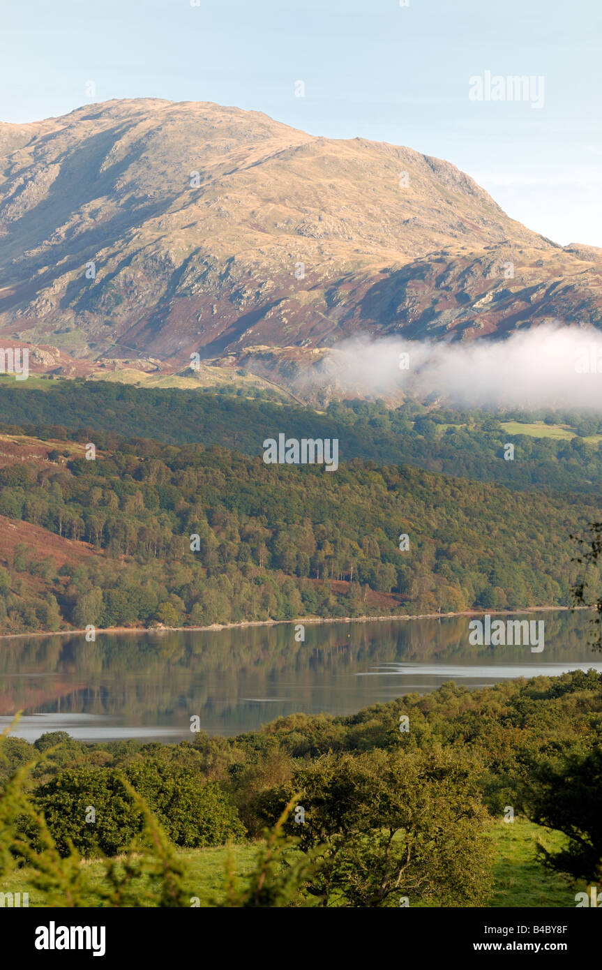 A scenic view of Coniston Water towards Sweeten Crag, Long Crag and the Yewdale fells Stock Photo