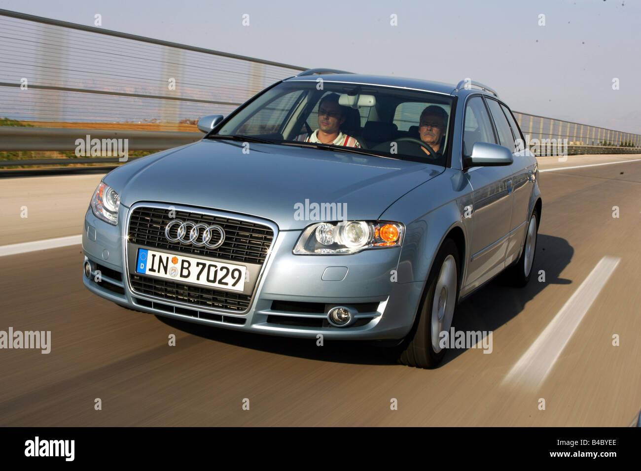 Car, Audi A4 Avant, Facelift, model year 2004-, silver-blue, hatchback, Limousine, medium class, driving, diagonal from the fron Stock Photo