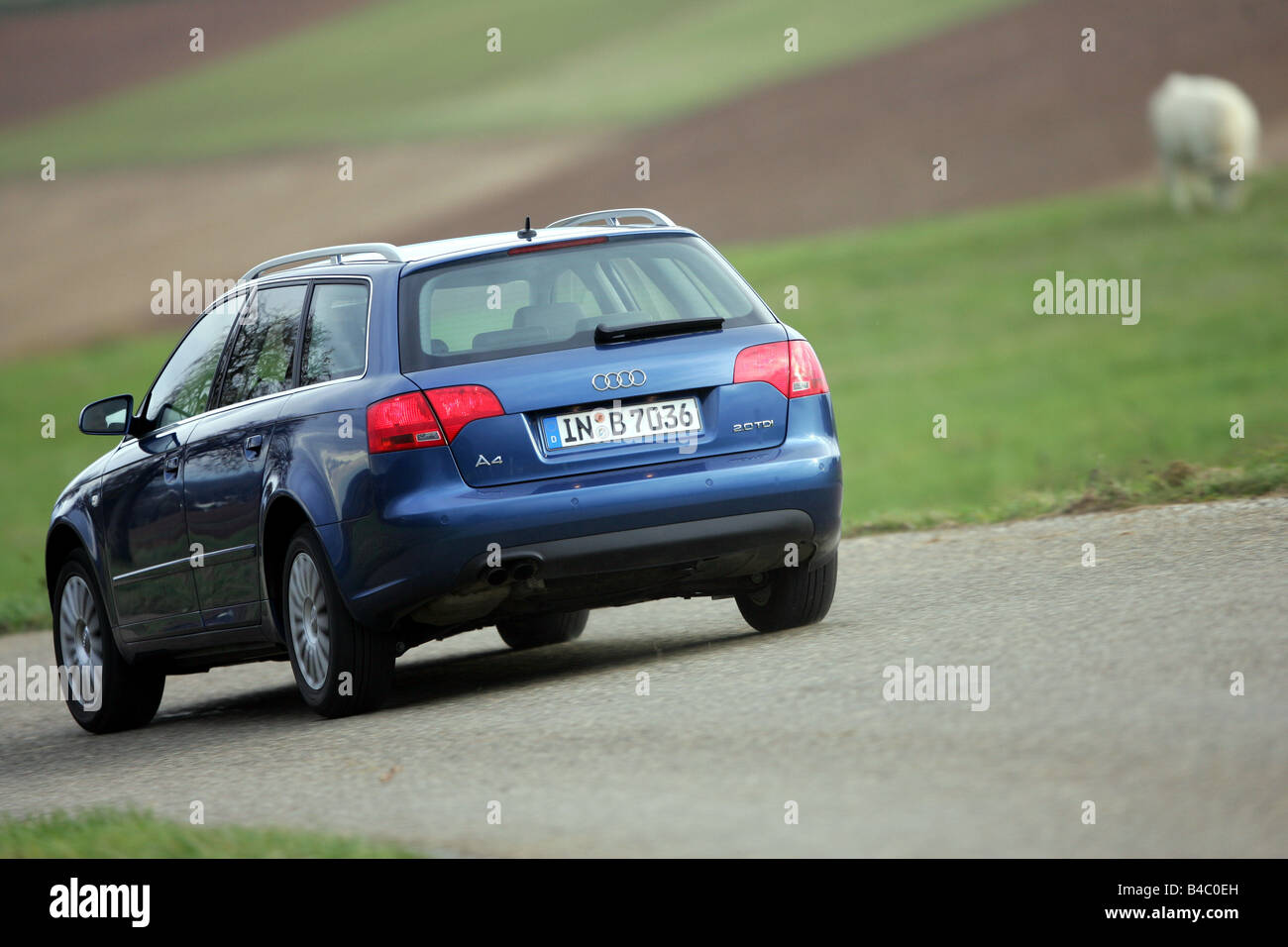 Car, Audi A4 Avant 2.0 TDI, Limousine, hatchback, upper middle-sized , model year 2004-, blue moving, diagonal from the back, re Stock Photo