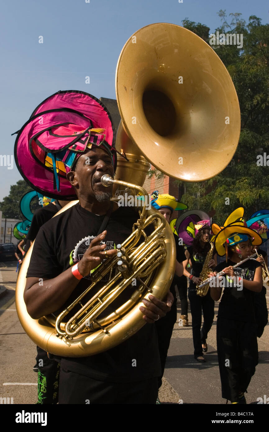 Black man playing the sousaphone at Hackney Carnival, London Stock Photo