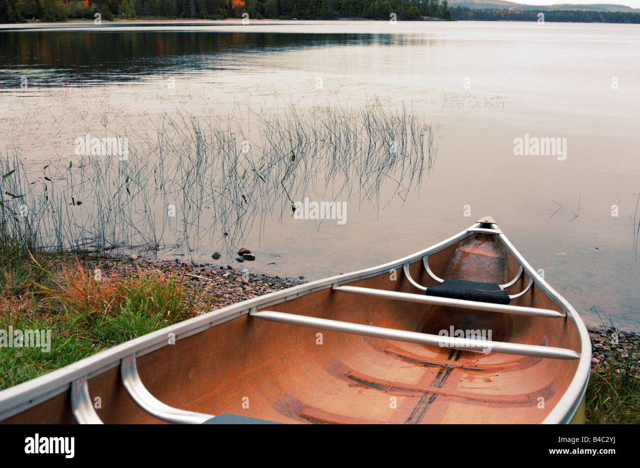 Canoe at beach in Lake of Two Rivers in Algonquin Provincial Park of