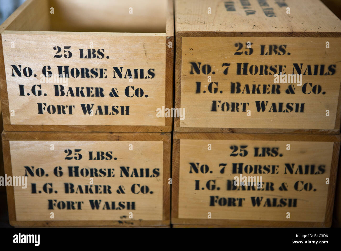 Boxes of nails on display at Fort Walsh National Historic Site, Cypress Hills Interprovincial Park, Saskatchewan, Canada. Stock Photo