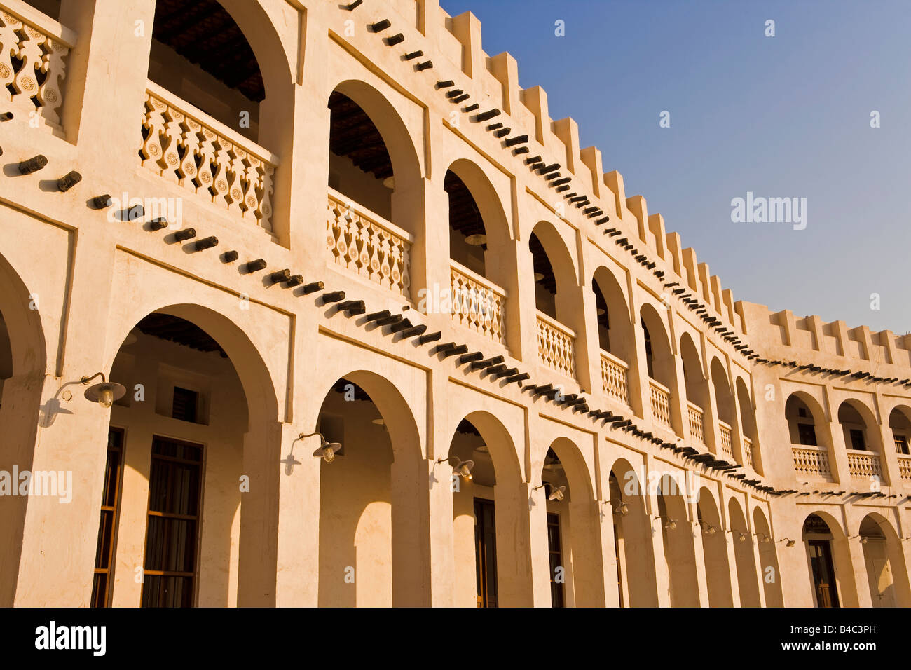 Qatar, Middle East, Arabian Peninsula, Doha, the restored Souq Waqif with mud rendered shops and exposed timber beams Stock Photo