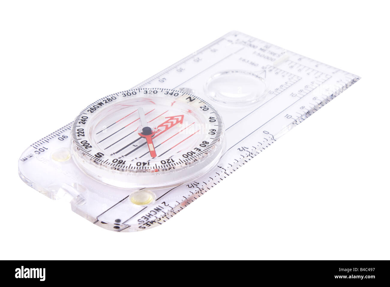 Modern compass with scales and rulers isolated on white Stock Photo